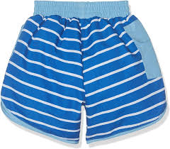 pair of i play. by green sprouts swim trunks in blue on white background