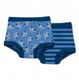 two pairs of i play training pants in blue cars pattern and in blue stripes