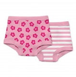 two pairs of i play training pants in pink flower pattern and in pink and white stripes