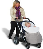 woman pushing baby in stroller with fleece snuggle bag