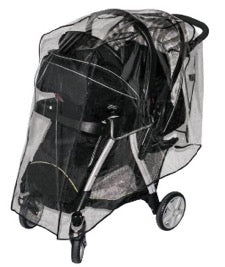 Travel system stroller in black with Jolly Jumper weathershield draped over it