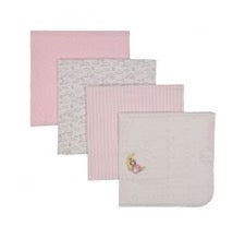 four cotton flannel baby blankets in pale pink patterns