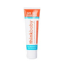 3 ounce bottle of Thinkbaby sunscreen on white background