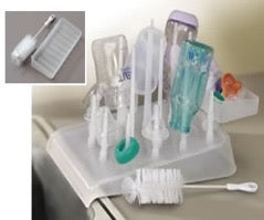 Bottle drying rack pictured with cleaning brush
