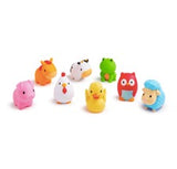 eight baby bath toys shaped like farm animals