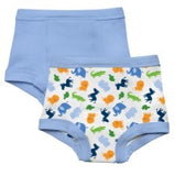 two pairs of i play training pants in zoo animal pattern and in blue