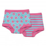 two pairs of i play training pants in pink butterflies pattern and in teal and pink stripes