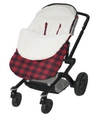 stroller with fleece snuggle bag in red plaid