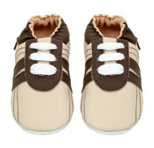 pair of leather shoes for babies in brown and beige