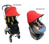 stroller and car seat each pictured with a Manito sun shade in red