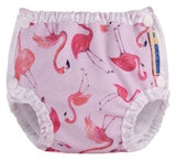mother ease swim diaper in flamingo pattern on white background
