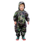 smiling boy wearing Muddy Buddy waterproof coveralls in camouflage pattern