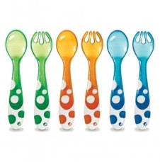 three spoons and three forks for infants in green, orange, and blue