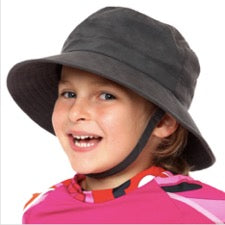 Laughing child wearing NoZone bucket hat in charcoal