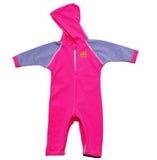 NoZone Hooded Baby Swimsuit in pink with lavender sleeves