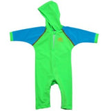 NoZone Hooded Baby Swimsuit in green with blue sleeves