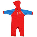 NoZone Hooded Baby Swimsuit in red with blue sleeves