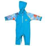 NoZone Hooded Baby Swimsuit in blue with patterned sleeves