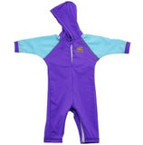 NoZone Hooded Baby Swimsuit in purple with pale blue sleeves