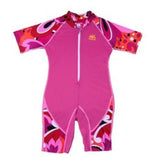 NoZone One Piece Kids Swimsuit in fuchsia with patterned sleeves