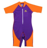 NoZone One Piece Kids Swimsuit in purple with orange sleeves