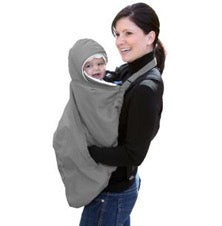 Woman holding baby in grey fleece snuggle cover