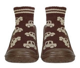 Baby sock shoes with rubber soles in a brown car pattern