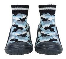 Baby sock shoes with rubber soles in a blue camouflage pattern