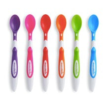 Six Munchkin soft-tip infant spoons in rainbow colours