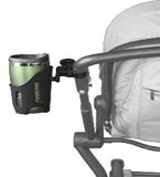 travel mug in stroller cup holder attached to stroller handle