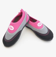 pair of Tickle Toes aqua shoes in pink and grey