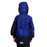 Back of child wearing Tuffo adventure rain jacket in blue