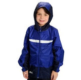 Smiling boy wearing Tuffo adventure rain jacket in blue