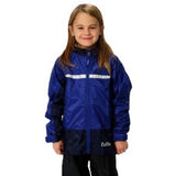 Smiling girl wearing Tuffo adventure rain jacket in blue