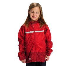 Smiling girl wearing Tuffo adventure rain jacket in red